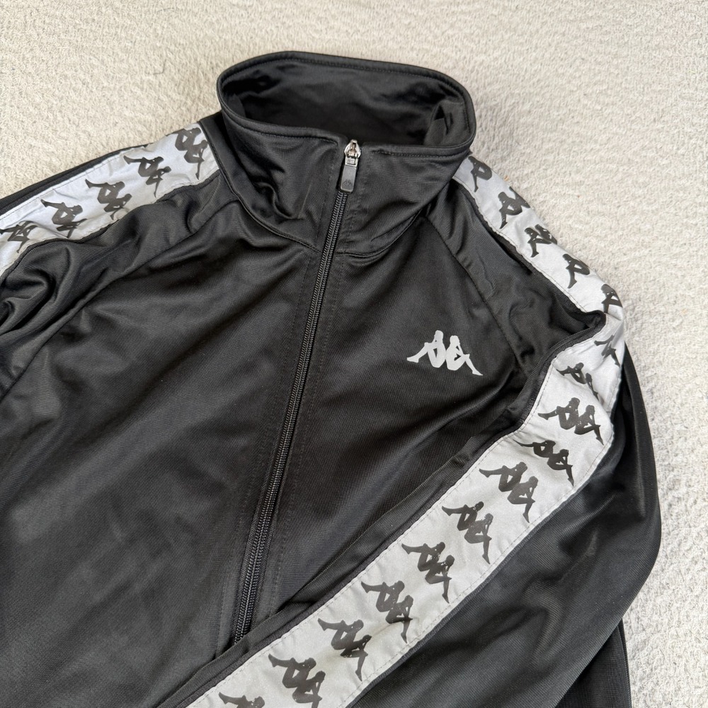 Kappa Track Jacket Mens M Black Gray Full Zip Reflective Logo Streetwear